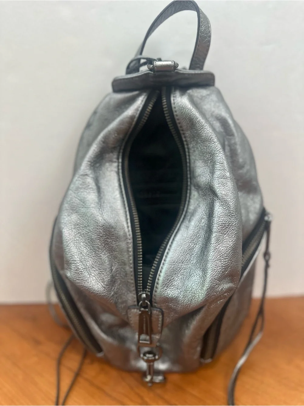 Rebecca Minkoff Mini Julian Silver Metallic Leather Backpack Sling Bag